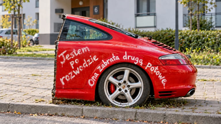 Czerwone Porsche z ręcznie malowanym napisem rozwód