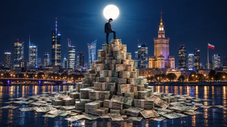 Warszawska panorama nocą nad banknotami polska pieniądze oszczędności wynagrodzenia