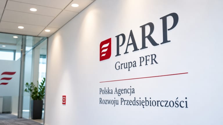 Korytarz biurowy z logo Polskiej Agencji Rozwoju Przedsiębiorczości (PARP)